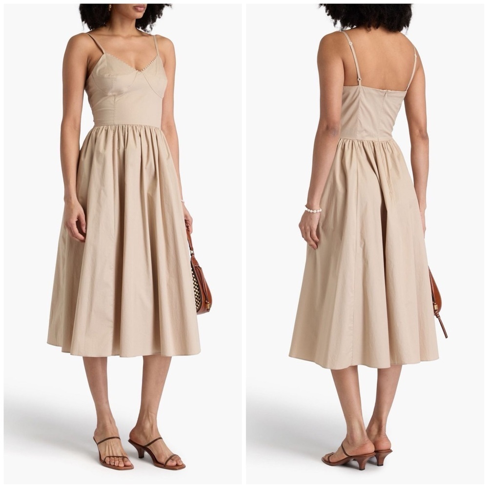 Nwt Sandro Sophie Gathered Stretch Cotton Poplin Midi Dress Beige Sz 38